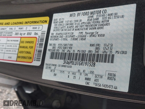 2016 Ford Fusion SE Hybrid with VIN 3FA6P0LU1GR191528, listed as a IAAI auction lot 42283058 with Not provided miles and . Bid and sale history available at DreamBid. Image 9.
