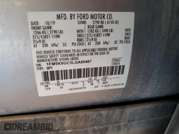 2020 Ford Explorer ST with VIN 1FM5K8GC5LGA89487, listed as a Copart auction lot 47577275 with 247,548 mi miles and Salvage Title. Bid and sale history available at DreamBid. Image 16.
