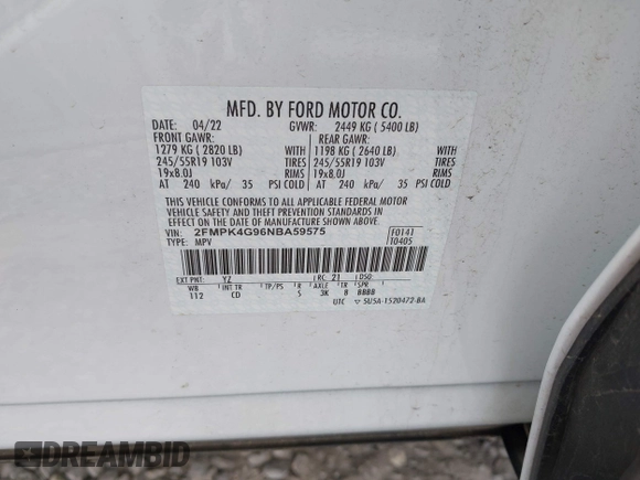 2022 Ford Edge SE with VIN 2FMPK4G96NBA59575, listed as a IAAI auction lot 42171392 with 47,091 mi miles and . Bid and sale history available at DreamBid. Image 9.