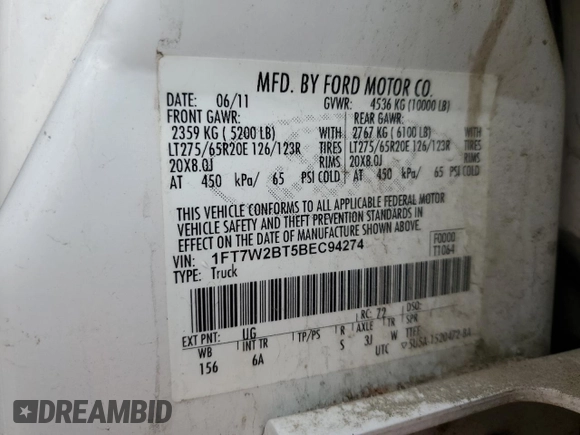 2011 Ford Super Duty F-250 SRW XL with VIN 1FT7W2BT5BEC94274, listed as a Copart auction lot 52419225 with 317,079 mi miles and Salvage Title. Bid and sale history available at carsss.com. Image 12.