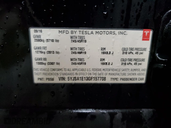 2016 Tesla Model S 70 with VIN 5YJSA1E13GF157708, listed as a Copart auction lot 57911925 with 131,606 mi miles and Clean title. Bid and sale history available at DreamBid. Image 12.