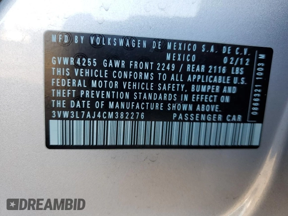 2012 Volkswagen Jetta Sedan TDI with VIN 3VW3L7AJ4CM382276, listed as a Copart auction lot 89101635 with 128,190 mi miles and Salvage Title. Bid and sale history available at carsss.com. Image 12.