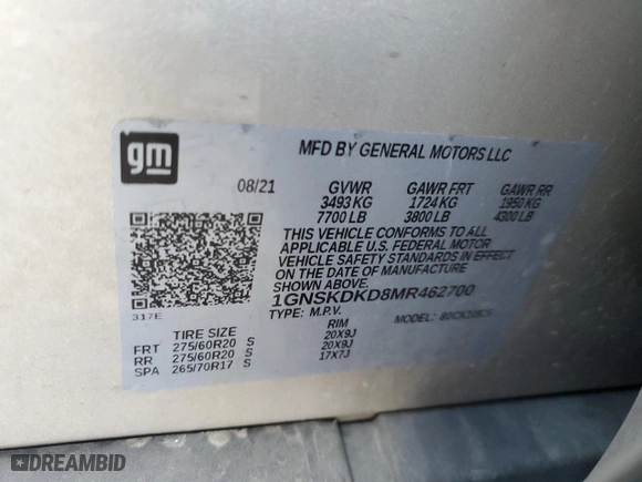 2021 Chevrolet Suburban Z71 with VIN 1GNSKDKD8MR462700, listed as a Copart auction lot 77406654 with 54,864 mi miles and Salvage Title. Bid and sale history available at carsss.com. Image 12.