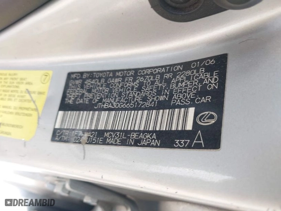 2006 Lexus ES 330 with VIN JTHBA30G665172841, listed as a IAAI auction lot 41745804 with 231,600 mi miles. Bid and sale history available at carsss.com. Image 9.