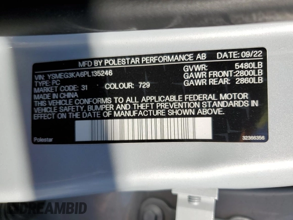 2023 Polestar 2 with VIN YSMEG3KA6PL135246, listed as a Copart auction lot 80104594 with 46,112 mi miles and Salvage Title. Bid and sale history available at carsss.com. Image 12.