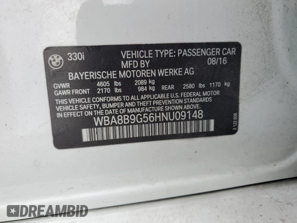 2017 BMW 3 Series 330i z VIN WBA8B9G56HNU09148, wystawiony jako Copart lot #57826455 z przebiegiem 51 385 mil mil oraz Czysty tytuł • Clean title. Historia ofert i sprzedaży dostępna na DreamBid. Obrazek 12.