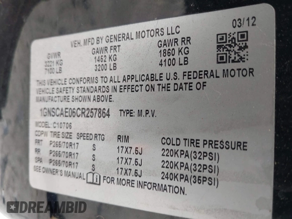2012 Chevrolet Tahoe LS с VIN 1GNSCAE06CR257864, выставлен на аукционе IAAI как лот 41603944 с пробегом 246 136 миль миль и . История ставок и продаж доступна на DreamBid. Изображение 9.
