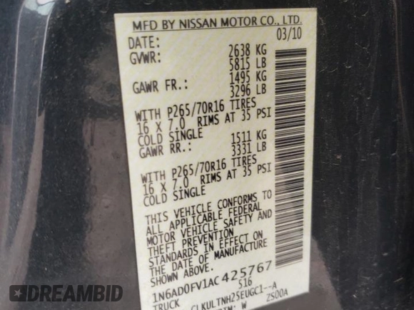 2010 Nissan Frontier SE with VIN 1N6AD0FV1AC425767, listed as a Copart auction lot 58795245 with 183,760 mi miles and Clean title. Bid and sale history available at DreamBid. Image 12.