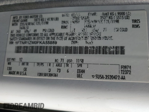 2015 Ford Transit Cargo with VIN 1FTNR1ZM0FKA55889, listed as a Copart auction lot 70571254 with 198,831 mi miles and Salvage Title. Bid and sale history available at DreamBid. Image 15.