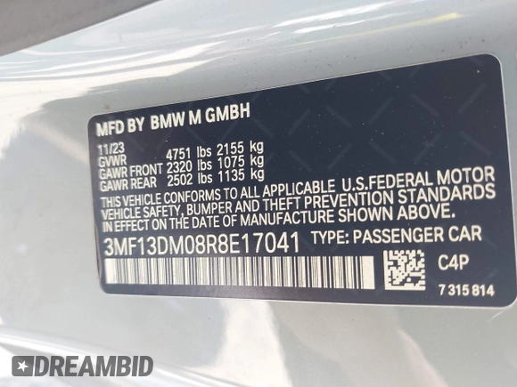 2024 BMW M2 with VIN 3MF13DM08R8E17041, listed as a IAAI auction lot 42090780 with 3,097 mi miles. Bid and sale history available at carsss.com. Image 9.