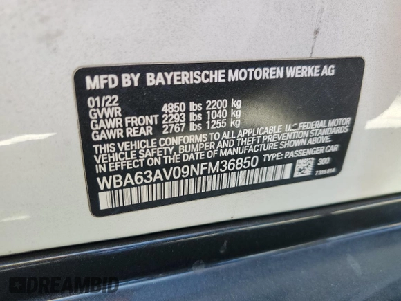 2022 BMW 4 Series 430i with VIN WBA63AV09NFM36850, listed as a Copart auction lot 49596085 with 51,405 mi miles and Salvage title. Bid and sale history available at DreamBid. Image 15.