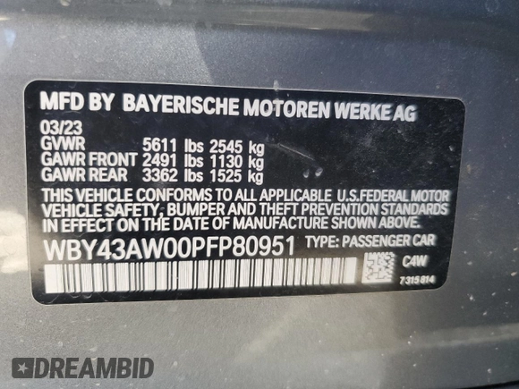 2023 BMW i4 eDrive35 with VIN WBY43AW00PFP80951, listed as a Copart auction lot 47249434 with 5,189 mi miles. Bid and sale history available at carsss.com. Image 12.