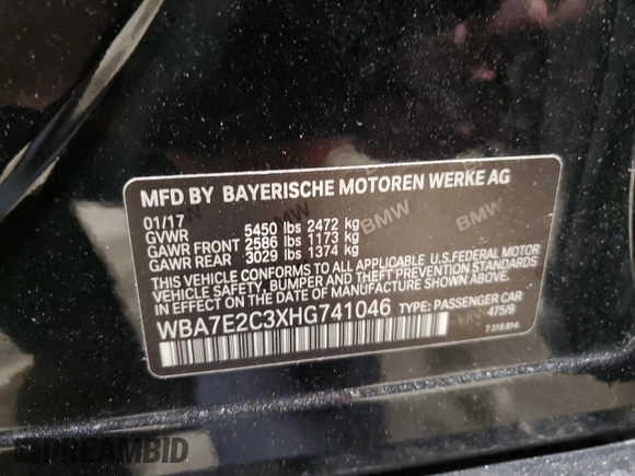 2017 BMW 7 Series 740i with VIN WBA7E2C3XHG741046, listed as a Copart auction lot 45382705 with 99,065 mi miles and Salvage Title. Bid and sale history available at carsss.com. Image 14.