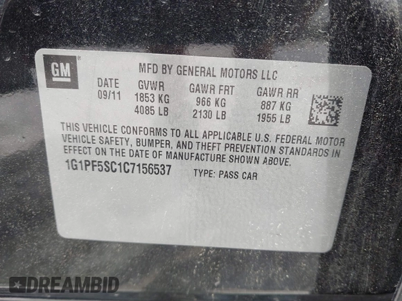 2012 Chevrolet Cruze 1LT with VIN 1G1PF5SC1C7156537, listed as a IAAI auction lot 42096391 with 144,550 mi miles and . Bid and sale history available at DreamBid. Image 9.