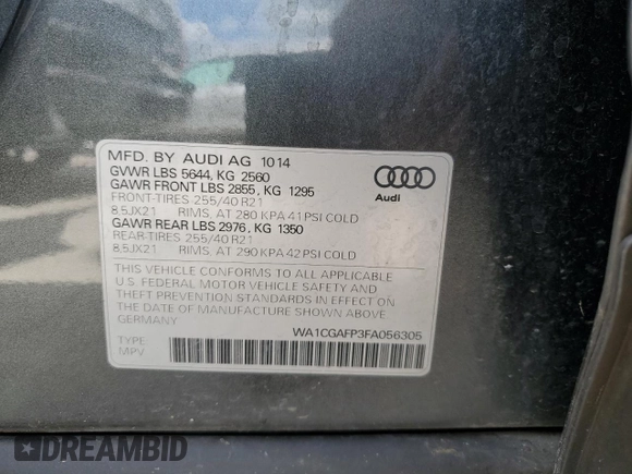 2015 Audi SQ5 Premium Plus with VIN WA1CGAFP3FA056305, listed as a Copart auction lot 50854484 with 0 mi miles. Bid and sale history available at carsss.com. Image 13.