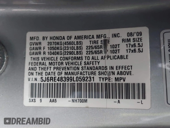 2009 Honda CR-V LX with VIN 5J6RE48399L059231, listed as a IAAI auction lot 41769482 with 120,822 mi miles. Bid and sale history available at carsss.com. Image 9.