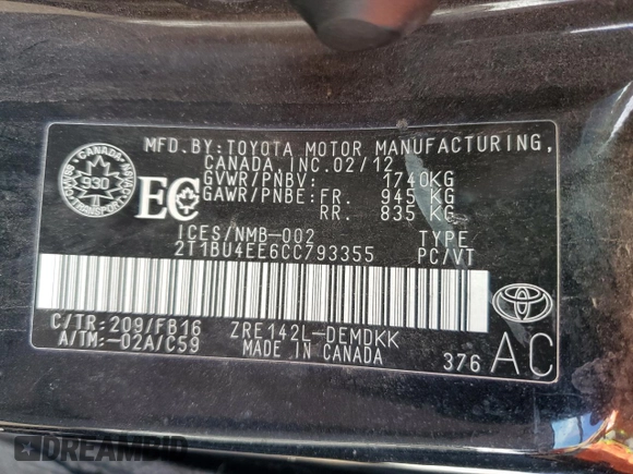 2012 Toyota Corolla L with VIN 2T1BU4EE6CC793355, listed as a Copart auction lot 79453234 with 258,616 mi miles and Salvage Title. Bid and sale history available at DreamBid. Image 12.