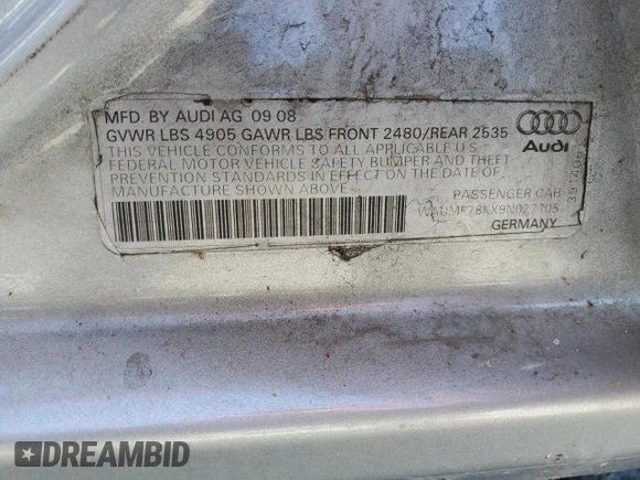 2009 Audi A4 Prestige с VIN WAUMF78KX9N027105, выставлен на аукционе Copart как лот 61303075 с пробегом 127 700 миль миль и Чистый • Clean title. История ставок и продаж доступна на DreamBid. Изображение 12.