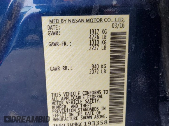 2016 Nissan Altima SR z VIN 1N4AL3AP8GC193358, wystawiony jako Copart lot #51477305 z przebiegiem 68 752 mil mil oraz Szkoda całkowita • Salvage title. Historia ofert i sprzedaży dostępna na DreamBid. Obrazek 15.