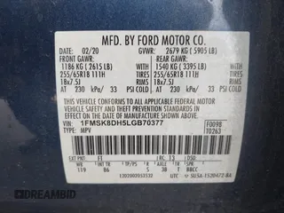 2020 Ford Explorer XLT z VIN 1FMSK8DH5LGB70377, wystawiony jako IAAI lot #41763798 z przebiegiem 88 582 mil mil oraz . Historia ofert i sprzedaży dostępna na DreamBid. Obrazek 9.