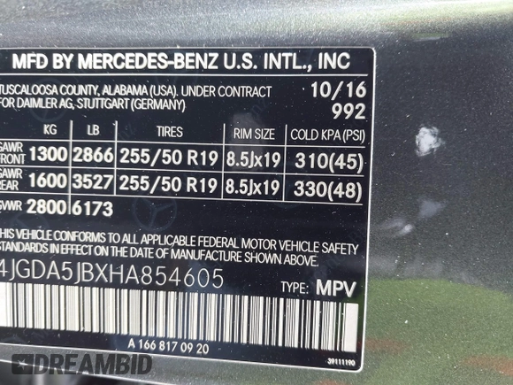 2017 Mercedes-Benz GLE 350 z VIN 4JGDA5JBXHA854605, wystawiony jako IAAI lot #41971263 z przebiegiem 163 475 mil mil oraz . Historia ofert i sprzedaży dostępna na DreamBid. Obrazek 9.