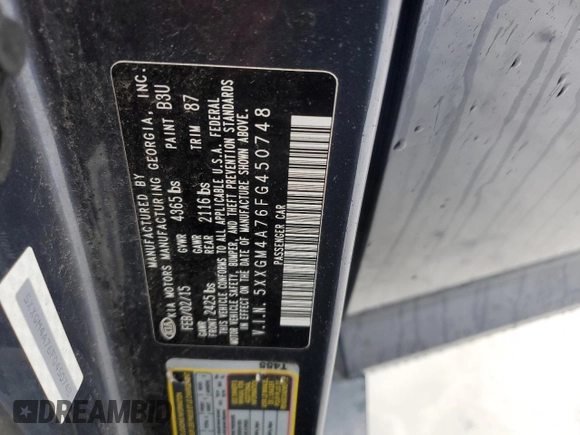 2015 Kia Optima LX with VIN 5XXGM4A76FG450748, listed as a Copart auction lot 45195535 with 235,270 mi miles and Salvage Title. Bid and sale history available at carsss.com. Image 13.