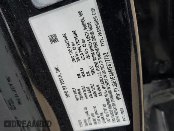 2021 Tesla Model 3 Standard Range Plus with VIN 5YJ3E1EA6MF877752, listed as a Copart auction lot 44776425 with Not Provided miles and Salvage Title. Bid and sale history available at DreamBid. Image 14.