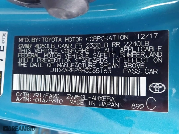 2017 Toyota Prius Prime Plus with VIN JTDKARFP9H3065163, listed as a IAAI auction lot 41884809 with 81,859 mi miles. Bid and sale history available at carsss.com. Image 9.