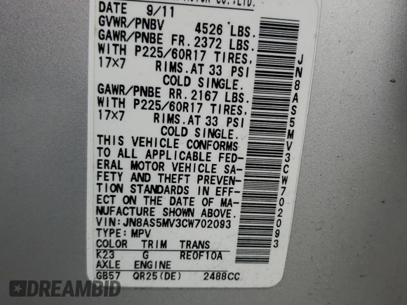 2012 Nissan Rogue S with VIN JN8AS5MV3CW702093, listed as a Copart auction lot 72132794 with 106,526 mi miles and Salvage Title. Bid and sale history available at DreamBid. Image 16.