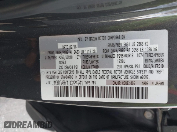 2018 Mazda CX-9 Sport with VIN JM3TCABY1J0224741, listed as a IAAI auction lot 41265876 with 126,686 mi miles and . Bid and sale history available at DreamBid. Image 9.