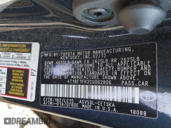 2012 Toyota Camry L with VIN 4T1BF1FK2CU062806, listed as a IAAI auction lot 41664970 with 75,980 mi miles and . Bid and sale history available at carsss.com. Image 9.