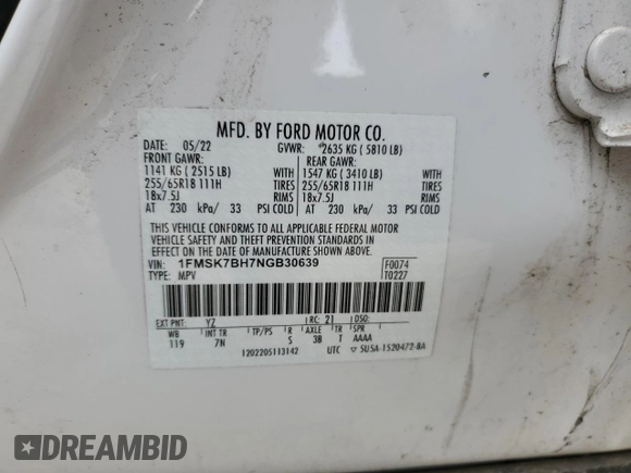 2022 Ford Explorer with VIN 1FMSK7BH7NGB30639, listed as a Copart auction lot 55044715 with 15,882 mi miles and Salvage title. Bid and sale history available at DreamBid. Image 13.