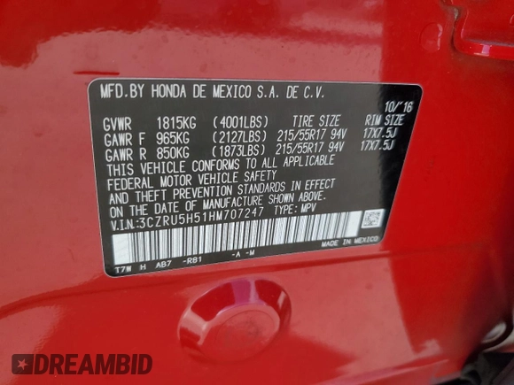 2017 Honda HR-V EX with VIN 3CZRU5H51HM707247, listed as a Copart auction lot 43696115 with 122,038 mi miles and Salvage Title. Bid and sale history available at carsss.com. Image 13.