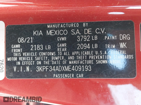2021 Kia Forte GT-Line with VIN 3KPF34ADXME409193, listed as a IAAI auction lot 41846359 with 52,321 mi miles. Bid and sale history available at carsss.com. Image 9.