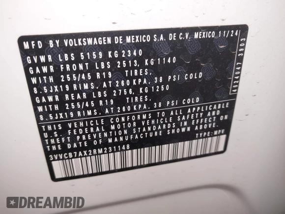 2024 Volkswagen Tiguan SE R-Line Black с VIN 3VVCB7AX2RM231148, выставлен на аукционе IAAI как лот 42275967 с пробегом 6 623 миль миль и . История ставок и продаж доступна на DreamBid. Изображение 9.