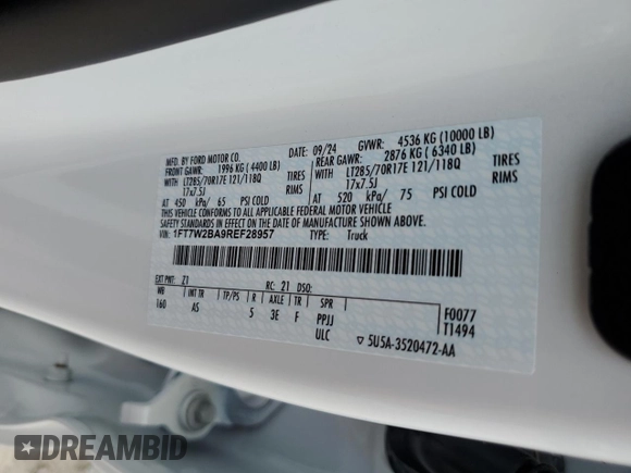 2024 Ford F-250 XL with VIN 1FT7W2BA9REF28957, listed as a Copart auction lot 51656115 with 2,095 mi miles and Clean title. Bid and sale history available at DreamBid. Image 14.