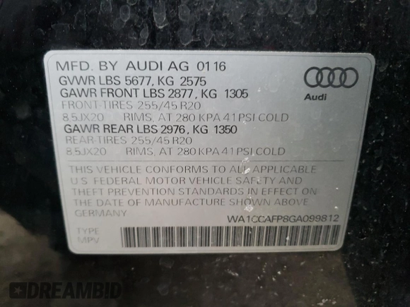 2016 Audi SQ5 Premium Plus with VIN WA1CCAFP8GA099812, listed as a Copart auction lot 36421943 with 85,244 mi miles. Bid and sale history available at carsss.com. Image 12.