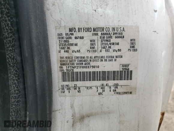 1999 Ford F-250 XL with VIN 1FTNF21F8XEE75010, listed as a Copart auction lot 54532975 with 239,935 mi miles and Salvage title. Bid and sale history available at DreamBid. Image 12.