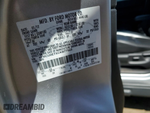 2012 Ford Escape Limited with VIN 1FMCU0E7XCKB77523, listed as a Copart auction lot 55421465 with 101,979 mi miles and Clean Title. Bid and sale history available at DreamBid. Image 14.