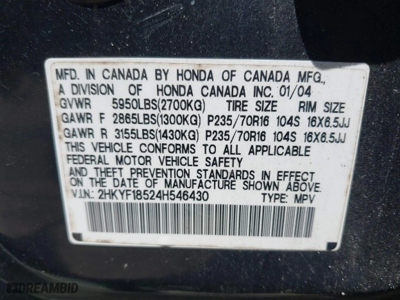2004 Honda Pilot EX with VIN 2HKYF18524H546430, listed as a IAAI auction lot 42060241 with 126,931 mi miles. Bid and sale history available at carsss.com. Image 9.