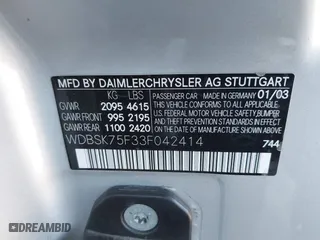 2003 Mercedes-Benz SL-Class with VIN WDBSK75F33F042414, listed as a IAAI auction lot 41260298 with 46,125 mi miles. Bid and sale history available at carsss.com. Image 9.