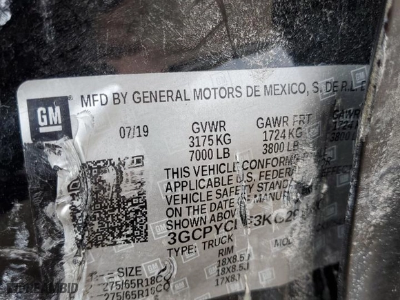 2019 Chevrolet Silverado 1500 Custom Trail Boss with VIN 3GCPYCEF3KG291520, listed as a Copart auction lot 82013774 with 0 mi miles and Salvage Title. Bid and sale history available at carsss.com. Image 13.