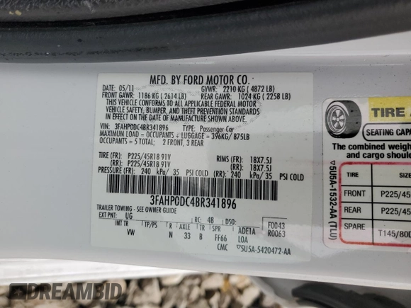 2011 Ford Fusion SPORT with VIN 3FAHP0DC4BR341896, listed as a Copart auction lot 51521985 with 119,808 mi miles and Clean Title. Bid and sale history available at carsss.com. Image 12.