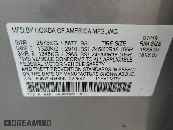 2019 Acura MDX with VIN 5J8YD4H30KL022547, listed as a Copart auction lot 57061635 with 76,502 mi miles and Salvage title. Bid and sale history available at DreamBid. Image 13.