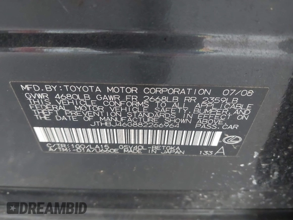 2008 Lexus ES 330 с VIN JTHBJ46G882266964, выставлен на аукционе IAAI как лот 42360902 с пробегом 200 188 миль миль и . История ставок и продаж доступна на DreamBid. Изображение 9.