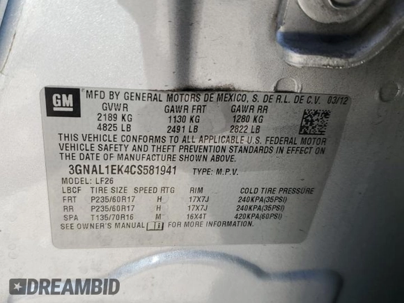 2012 Chevrolet Captiva Sport 1LS with VIN 3GNAL1EK4CS581941, listed as a Copart auction lot 57360555 with 277,824 mi miles and Clean Title. Bid and sale history available at DreamBid. Image 13.