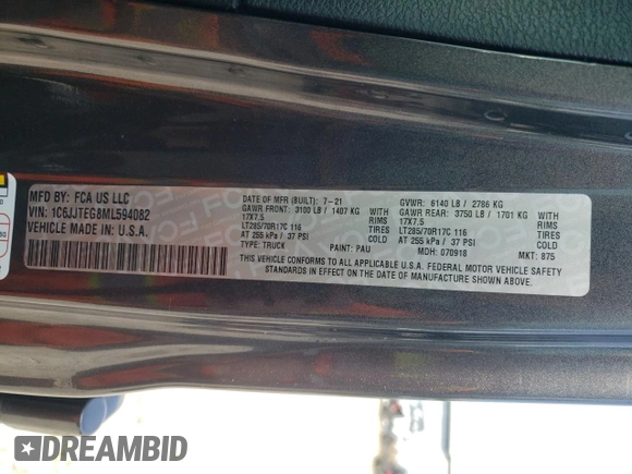 2021 Jeep Gladiator Mojave z VIN 1C6JJTEG8ML594082, wystawiony jako Copart lot #60830745 z przebiegiem 27 528 mil mil oraz Szkoda całkowita • Salvage title. Historia ofert i sprzedaży dostępna na DreamBid. Obrazek 12.