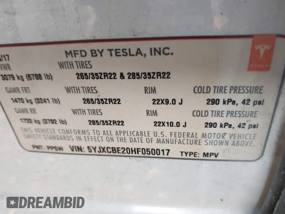 2017 Tesla Model X 90D z VIN 5YJXCBE20HF050017, wystawiony jako IAAI lot #41145641 z przebiegiem Nie podano mil oraz . Historia ofert i sprzedaży dostępna na DreamBid. Obrazek 9.