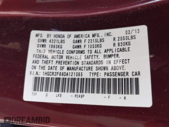 2013 Honda Accord Sdn EX-L with VIN 1HGCR2F88DA121565, listed as a IAAI auction lot 40155535 with 128,733 mi miles. Bid and sale history available at carsss.com. Image 9.