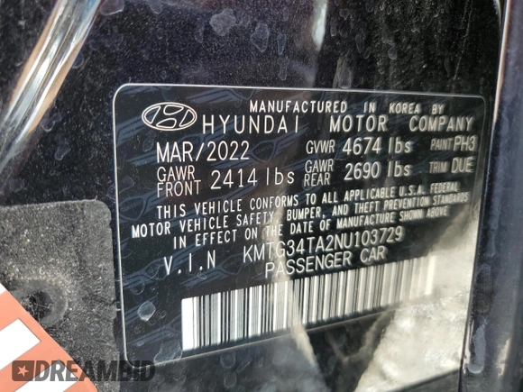 2022 Genesis G70 2.0T with VIN KMTG34TA2NU103729, listed as a Copart auction lot 65336264 with 51,705 mi miles and Salvage Title. Bid and sale history available at carsss.com. Image 12.